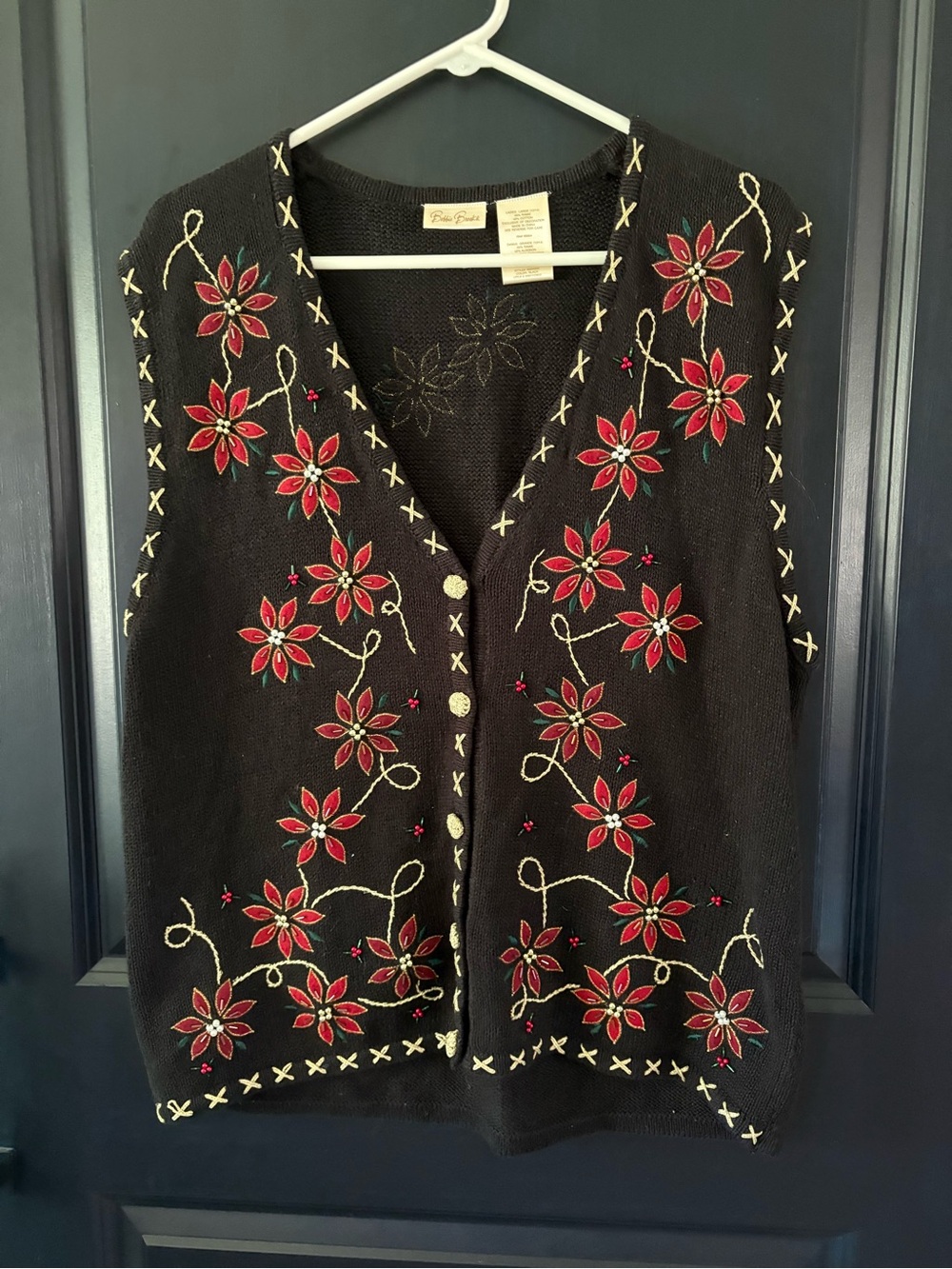 Bobbie Brooks Embellished Christmas Sweater Vest L Poinsettia Beaded Cotton Blen